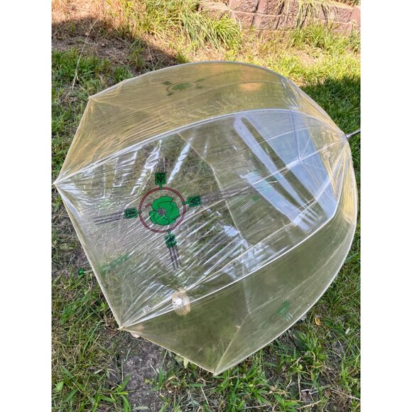 Vintage 1960s Clear Vinyl Bubble Umbrella Green Flowers & Handle - Picture 3 of 16